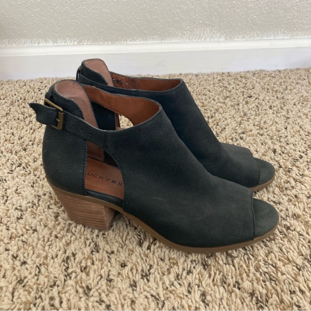 Lucky Brand Black Open-Toe Heeled Boots